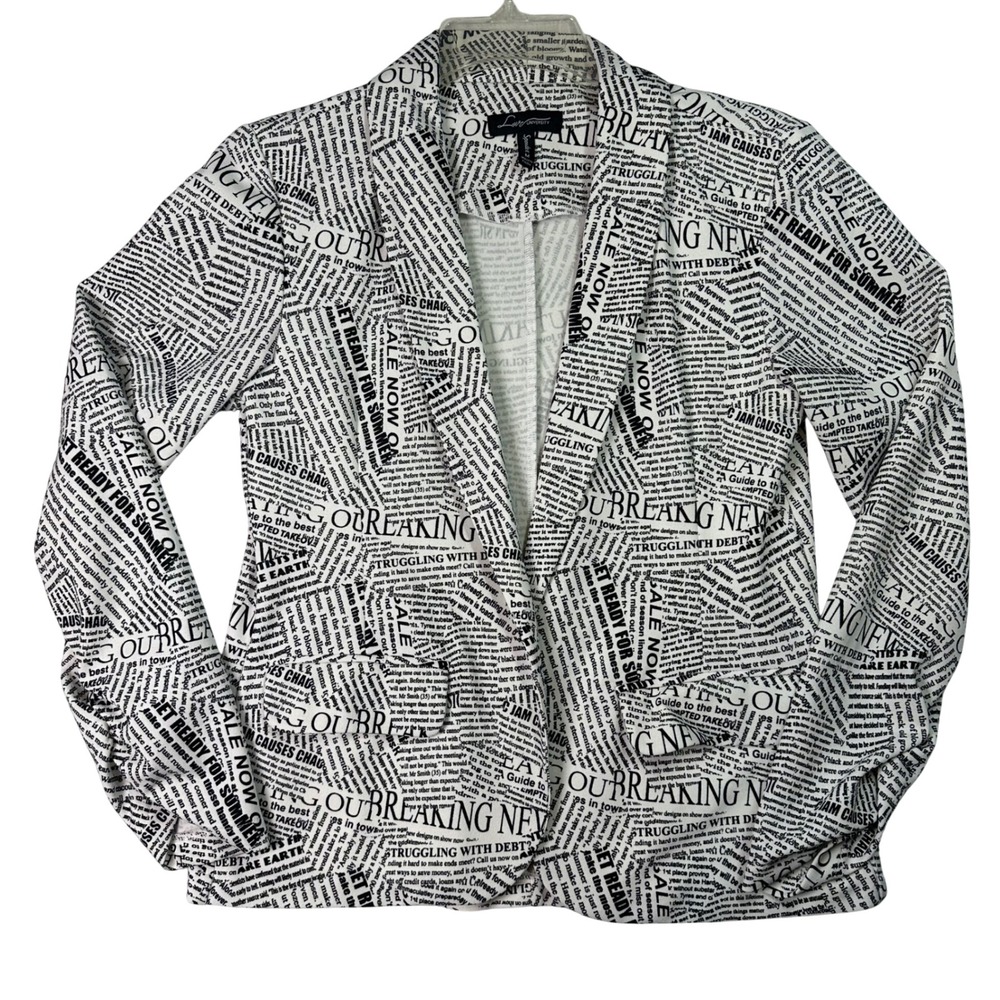 Love University Newspaper Print Blazer Ruched Sleeve Academic Edgy Size M Indie